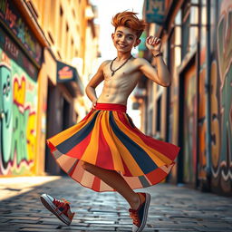 A playful and vibrant depiction of a twink wearing a stylish and flowy skirt, embodying confidence and flirtation