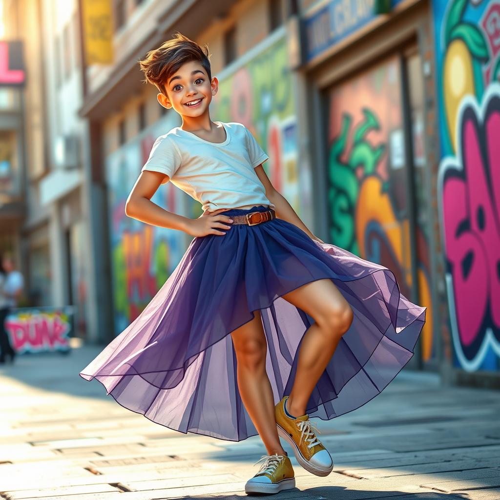 A playful and vibrant depiction of a twink wearing a stylish and flowy skirt, embodying confidence and flirtation