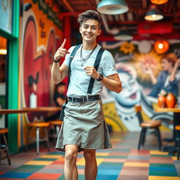 An energetic and lively scene featuring a young man confidently wearing a stylish skirt