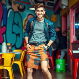 An energetic and lively scene featuring a young man confidently wearing a stylish skirt