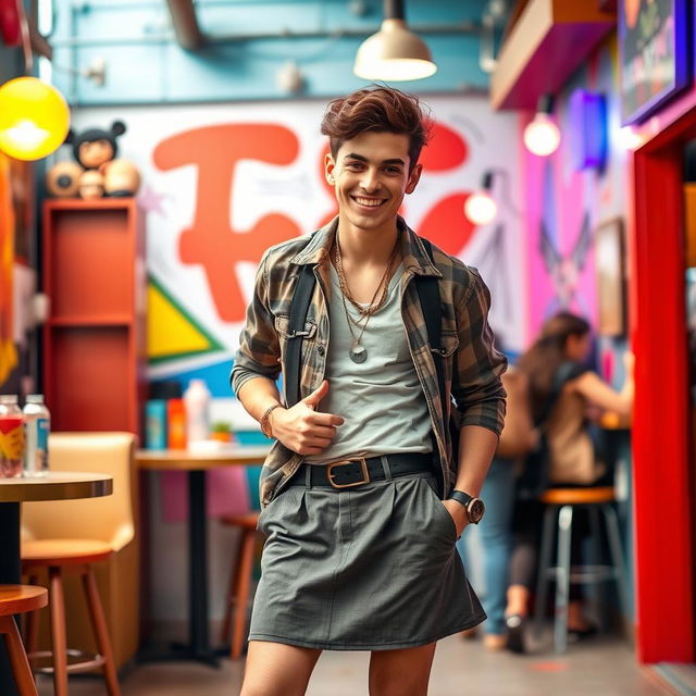 An energetic and lively scene featuring a young man confidently wearing a stylish skirt