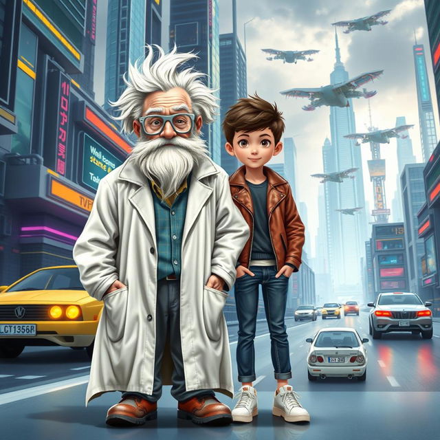 A captivating book cover showcasing the two main characters: Professor Mouc Mouc, an elderly man with wild white hair and a large white beard, wearing unique grey scientific glasses and a disheveled white lab coat