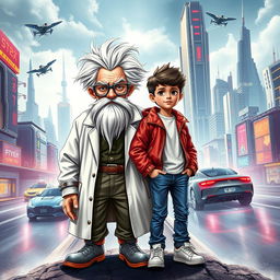 A captivating book cover showcasing the two main characters: Professor Mouc Mouc, an elderly man with wild white hair and a large white beard, wearing unique grey scientific glasses and a disheveled white lab coat