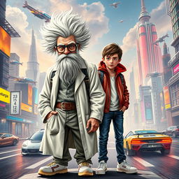 A captivating book cover showcasing the two main characters: Professor Mouc Mouc, an elderly man with wild white hair and a large white beard, wearing unique grey scientific glasses and a disheveled white lab coat