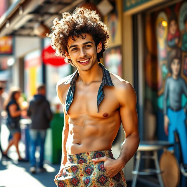 A captivating scene featuring a young man with curly hair confidently wearing a stylish skirt