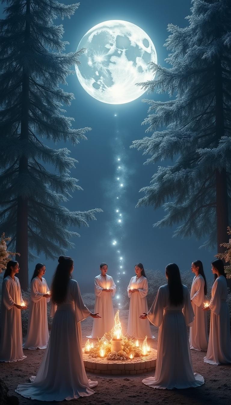 A mystical scene of a moonlight ritual set in a serene forest clearing