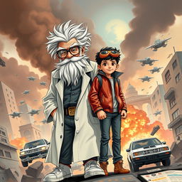 A thrilling book cover featuring the two main characters: Professor Mouc Mouc, an elderly man with wild white hair and a large white beard, wearing unique grey scientific glasses and a disheveled white lab coat