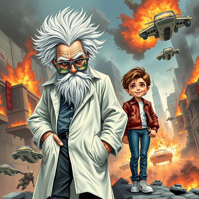 A thrilling book cover featuring the two main characters: Professor Mouc Mouc, an elderly man with wild white hair and a large white beard, wearing unique grey scientific glasses and a disheveled white lab coat