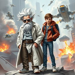 A thrilling book cover featuring the two main characters: Professor Mouc Mouc, an elderly man with wild white hair and a large white beard, wearing unique grey scientific glasses and a disheveled white lab coat