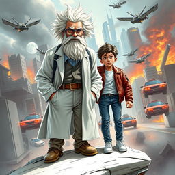 A thrilling book cover featuring the two main characters: Professor Mouc Mouc, an elderly man with wild white hair and a large white beard, wearing unique grey scientific glasses and a disheveled white lab coat