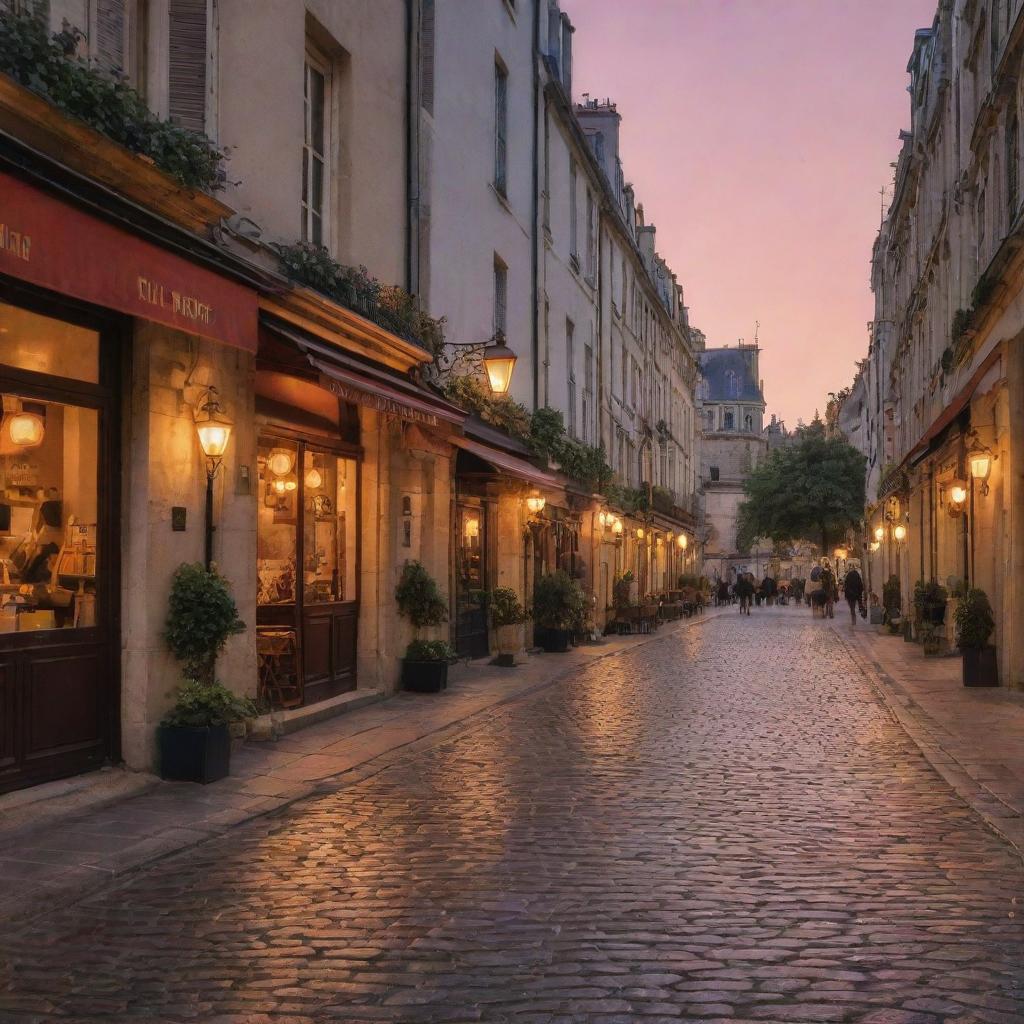 An enchanting evening scene of a quaint cobblestone street in Paris with lit lanterns and cafes lining the sidewalk, all bathed in the warm glow of a sunset.