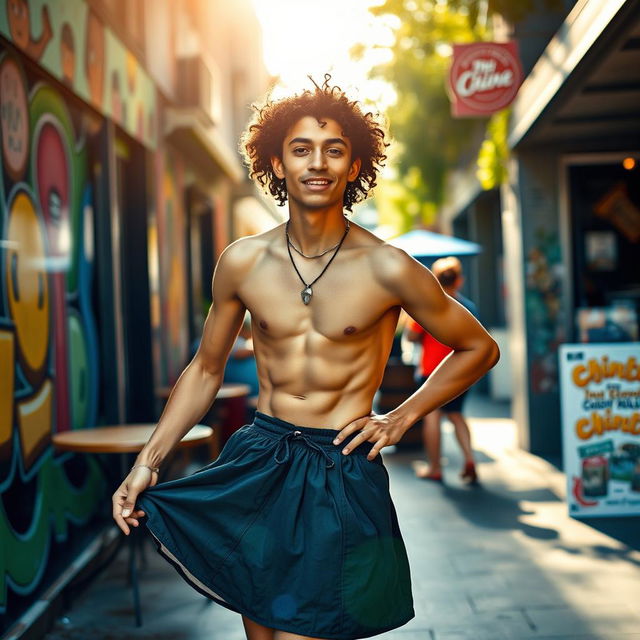 A striking scene featuring a young, skinny man with curly hair, confidently wearing a stylish skirt