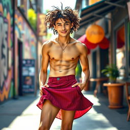 A striking scene featuring a young, skinny man with curly hair, confidently wearing a stylish skirt