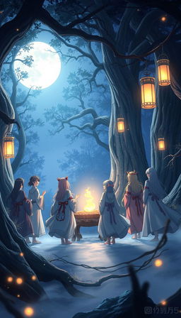 A captivating anime scene depicting a moonlight ritual in an enchanted forest