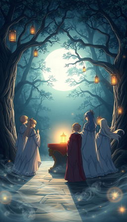 A captivating anime scene depicting a moonlight ritual in an enchanted forest