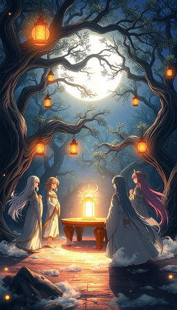 A captivating anime scene depicting a moonlight ritual in an enchanted forest