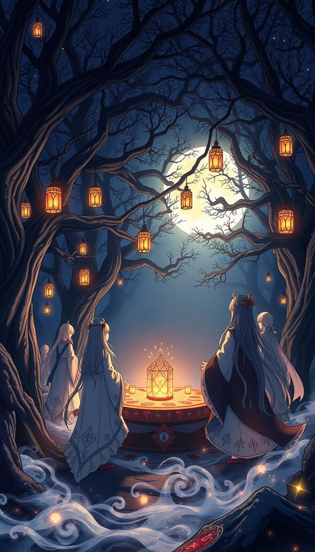 A captivating anime scene depicting a moonlight ritual in an enchanted forest