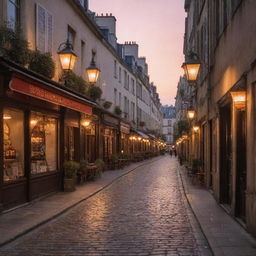 An enchanting evening scene of a quaint cobblestone street in Paris with lit lanterns and cafes lining the sidewalk, all bathed in the warm glow of a sunset.