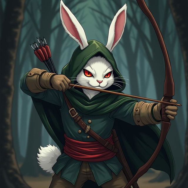 Anime style illustration inspired by One Piece, showcasing a white-furred rabbit man with striking red eyes, large rabbit ears, and a fluffy, round tail (if visible)