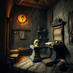 An ancient dusty room with cracked walls, filled with an array of shimmering treasures like gold coins, jewel-encrusted artifacts, and old scrolls