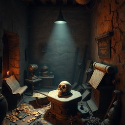 An ancient dusty room with cracked walls, filled with an array of shimmering treasures like gold coins, jewel-encrusted artifacts, and old scrolls