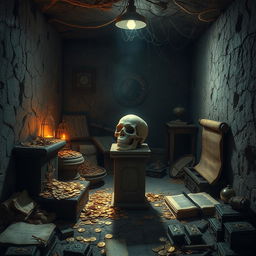 An ancient dusty room with cracked walls, filled with an array of shimmering treasures like gold coins, jewel-encrusted artifacts, and old scrolls