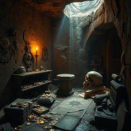 An ancient dusty room with cracked walls, filled with an array of shimmering treasures like gold coins, jewel-encrusted artifacts, and old scrolls