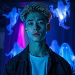 A stunningly attractive Korean male in his 20's with striking blue eyes and stylish blonde hair, set in a captivating scene from a ghost show