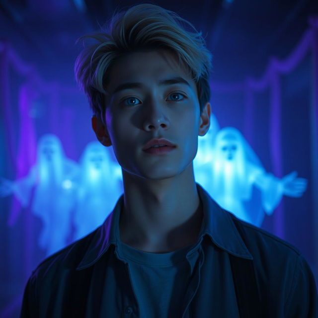 A stunningly attractive Korean male in his 20's with striking blue eyes and stylish blonde hair, set in a captivating scene from a ghost show