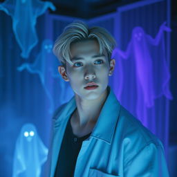 A stunningly attractive Korean male in his 20's with striking blue eyes and stylish blonde hair, set in a captivating scene from a ghost show