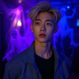 A stunningly attractive Korean male in his 20's with striking blue eyes and stylish blonde hair, set in a captivating scene from a ghost show