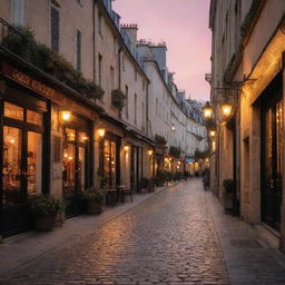 An enchanting evening scene of a quaint cobblestone street in Paris with lit lanterns and cafes lining the sidewalk, all bathed in the warm glow of a sunset.