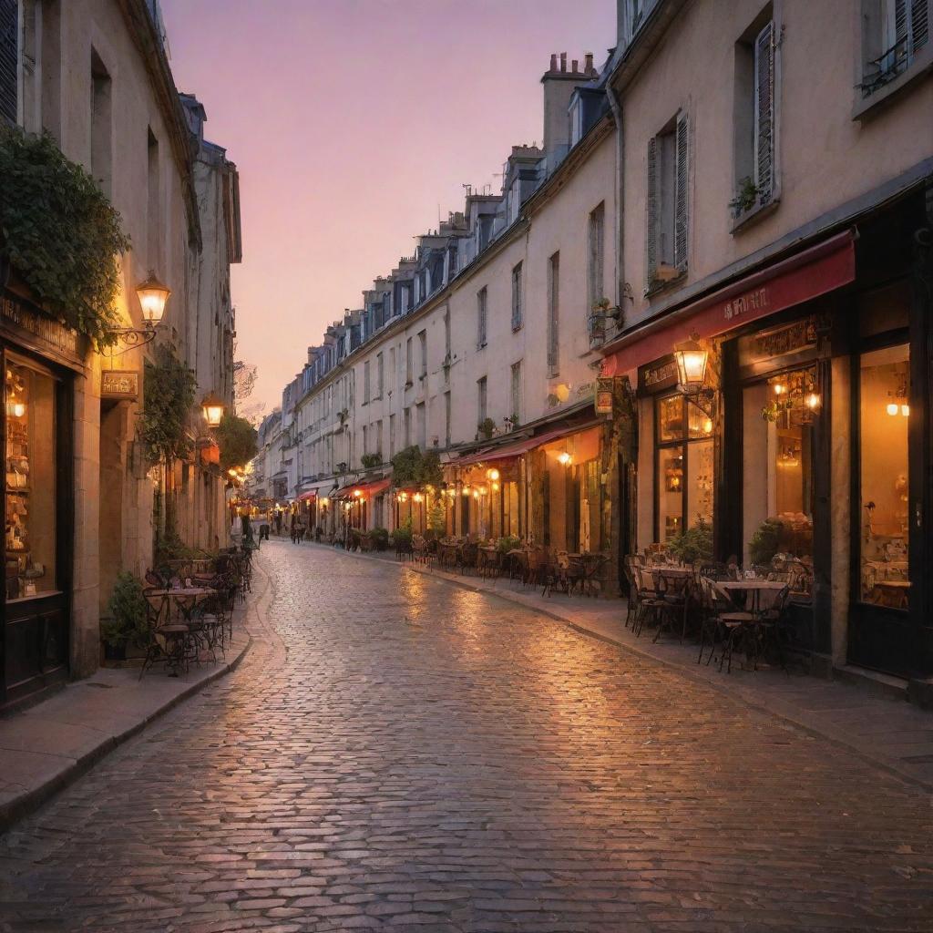 An enchanting evening scene of a quaint cobblestone street in Paris with lit lanterns and cafes lining the sidewalk, all bathed in the warm glow of a sunset.