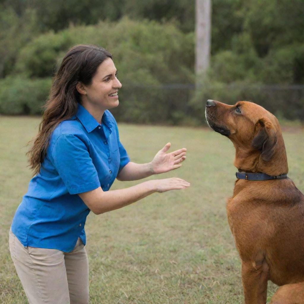 A woman in a blue shirt interacting with a brown dog from a distance, creating a sense of connection