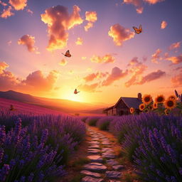 A serene landscape depicting a vast lavender field in full bloom, cascading hills in the background, bathed in the warm golden glow of a sunset