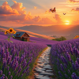 A serene landscape depicting a vast lavender field in full bloom, cascading hills in the background, bathed in the warm golden glow of a sunset