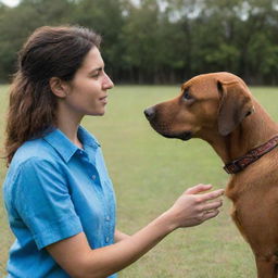 A woman in a blue shirt interacting with a brown dog from a distance, creating a sense of connection