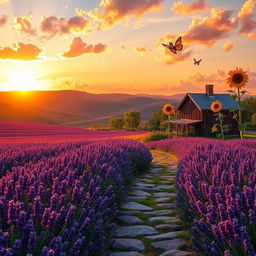 A serene landscape depicting a vast lavender field in full bloom, cascading hills in the background, bathed in the warm golden glow of a sunset