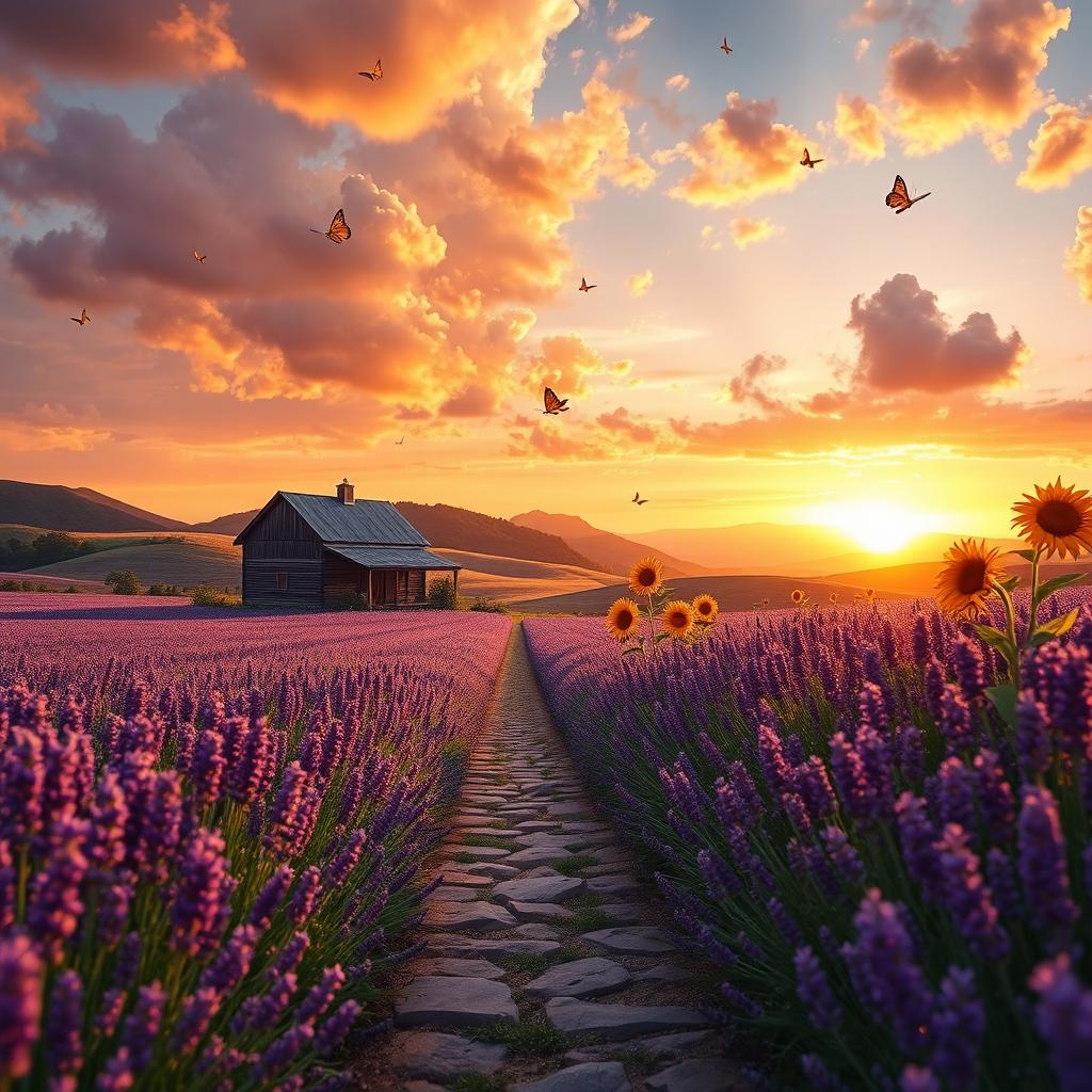 A serene landscape depicting a vast lavender field in full bloom, cascading hills in the background, bathed in the warm golden glow of a sunset