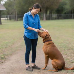 A woman in a blue shirt interacting with a brown dog from a distance, creating a sense of connection