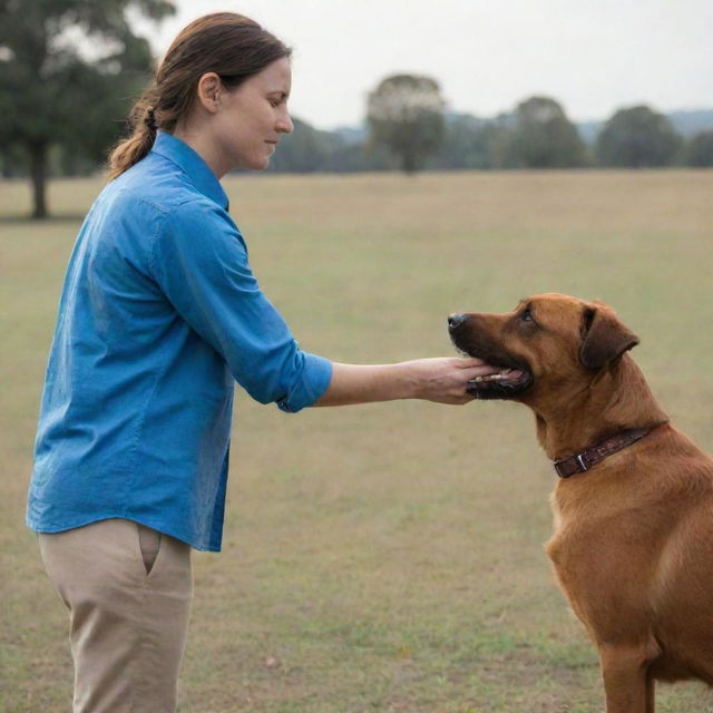 A woman in a blue shirt interacting with a brown dog from a distance, creating a sense of connection