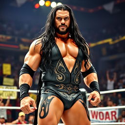 A powerful and charismatic portrait of a professional wrestler resembling a strong, muscular figure with long dark hair and a determined expression, dressed in a black wrestling outfit adorned with tribal designs