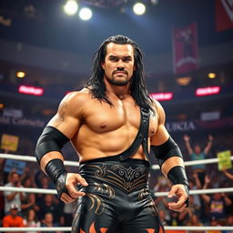 A powerful and charismatic portrait of a professional wrestler resembling a strong, muscular figure with long dark hair and a determined expression, dressed in a black wrestling outfit adorned with tribal designs