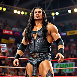 A powerful and charismatic portrait of a professional wrestler resembling a strong, muscular figure with long dark hair and a determined expression, dressed in a black wrestling outfit adorned with tribal designs