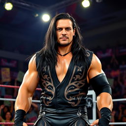 A powerful and charismatic portrait of a professional wrestler resembling a strong, muscular figure with long dark hair and a determined expression, dressed in a black wrestling outfit adorned with tribal designs