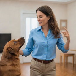 A woman in a blue shirt, communicating with a brown dog from across the room, creating a sense of connection and interaction