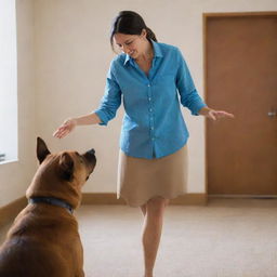 A woman in a blue shirt, communicating with a brown dog from across the room, creating a sense of connection and interaction