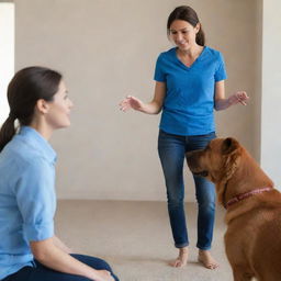 A woman in a blue shirt, communicating with a brown dog from across the room, creating a sense of connection and interaction