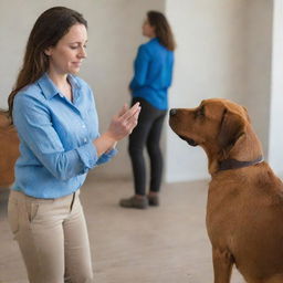 A woman in a blue shirt, communicating with a brown dog from across the room, creating a sense of connection and interaction