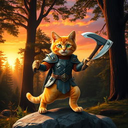 An orange tabby cat with bright green eyes and a light orange belly, clad in a detailed, shiny armor suit, confidently wielding an ax as it strides through a lush forest